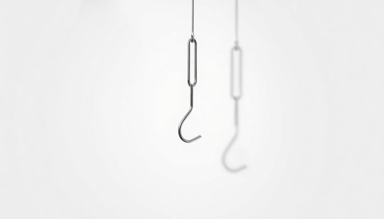 A minimalist studio photograph featuring a single, polished metal meat hook suspended against a stark white background, casting a long, dramatic shadow that fills the frame.