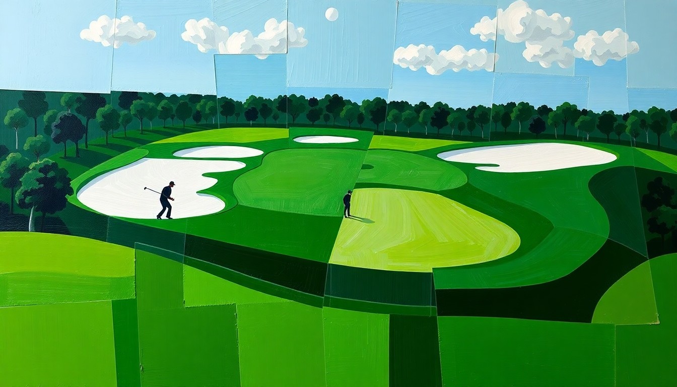 A fragmented, geometric painting depicting the Masters golf tournament, with overlapping planes of green fairways, white bunkers, and indistinct player silhouettes, conveying the conceptual essence of the prestigious event.
