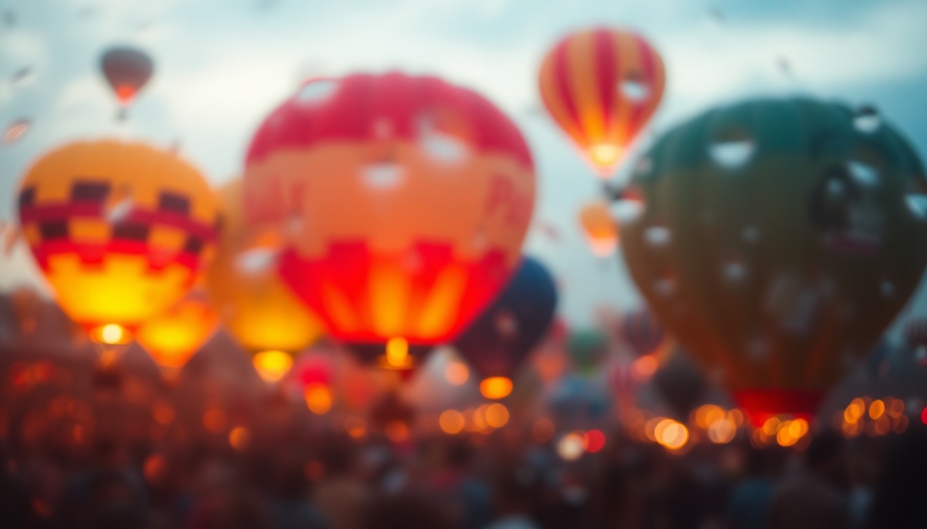 An abstract, impressionistic scene of blurred, colorful lights and shapes, evoking the festive energy of hot air balloons taking flight.