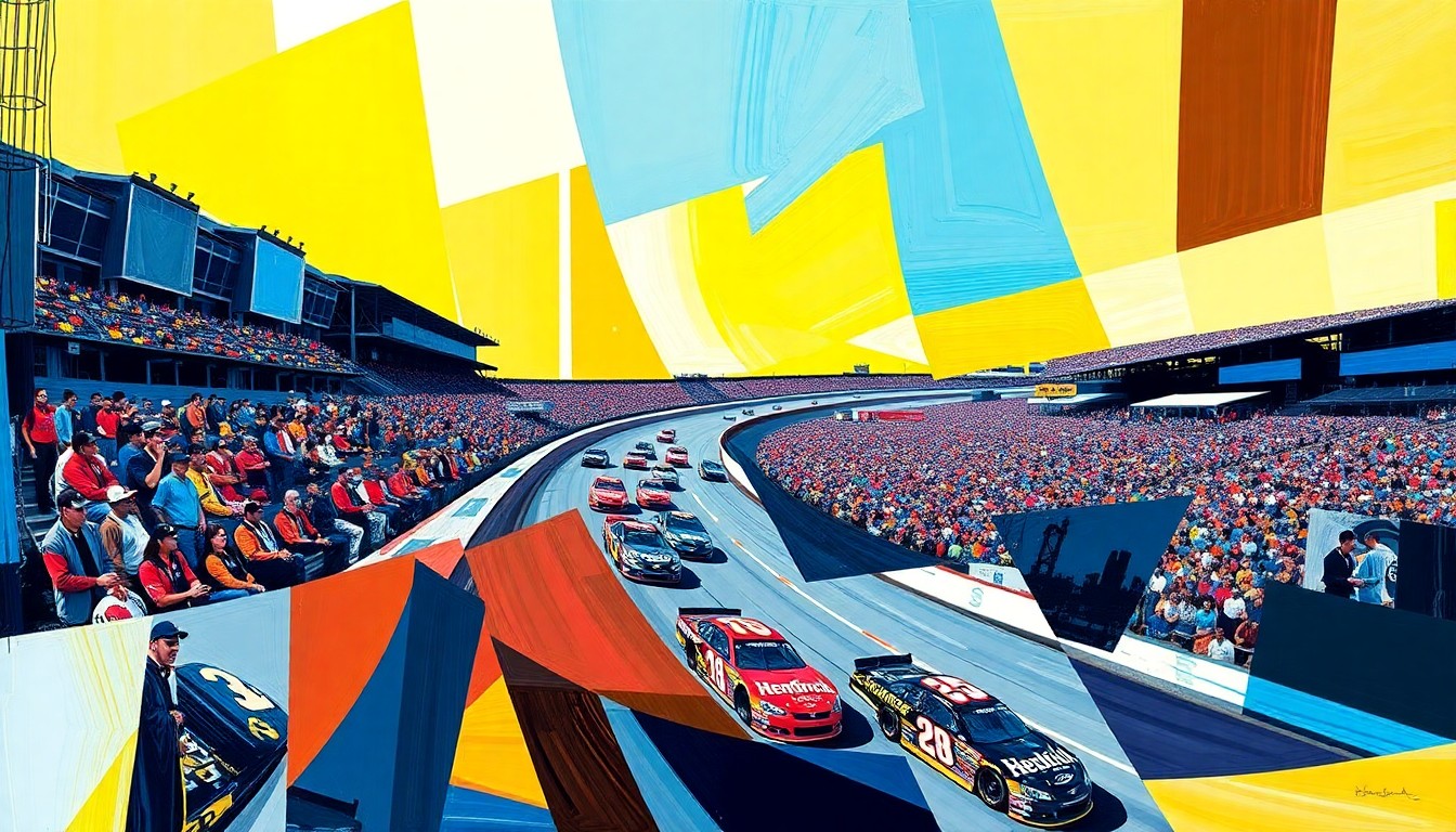 A fractured, geometric painting depicting the chaotic energy of a NASCAR race at Bristol Motor Speedway, with sharp planes of color representing the cars and track.