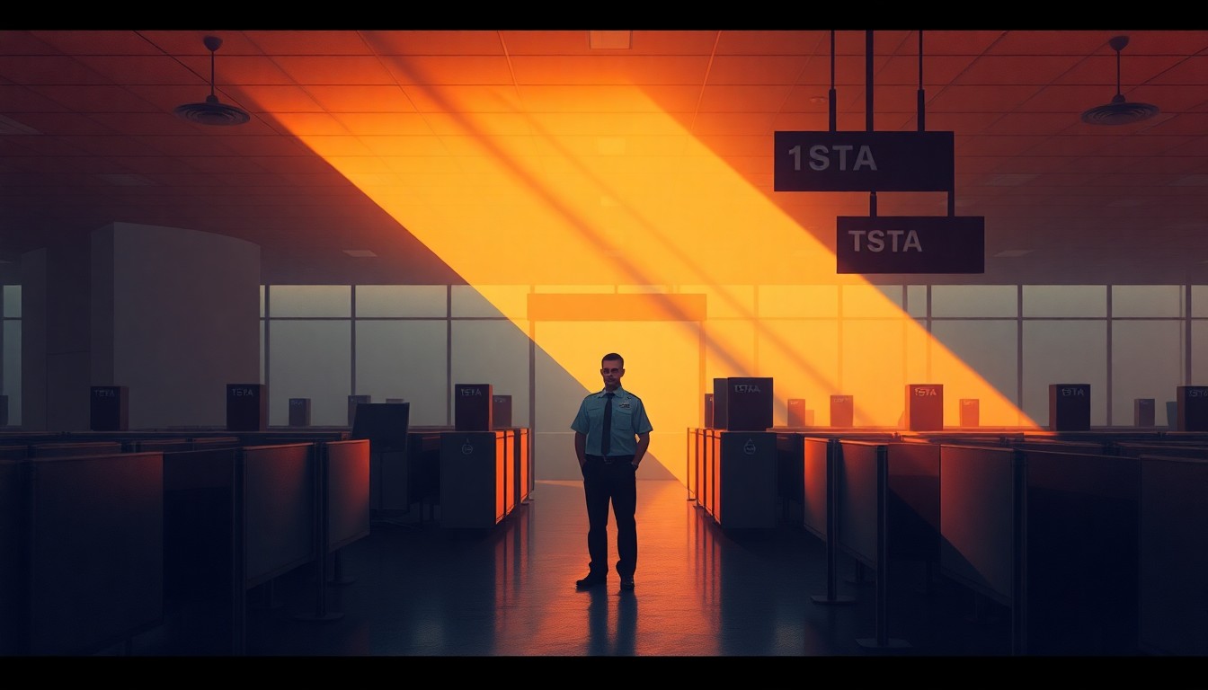 A serene, painterly scene of a lone TSA agent standing in an empty airport security checkpoint, the space bathed in warm, dramatic lighting and deep shadows, conveying a sense of quiet contemplation about the role of federal agencies at transportation hubs.