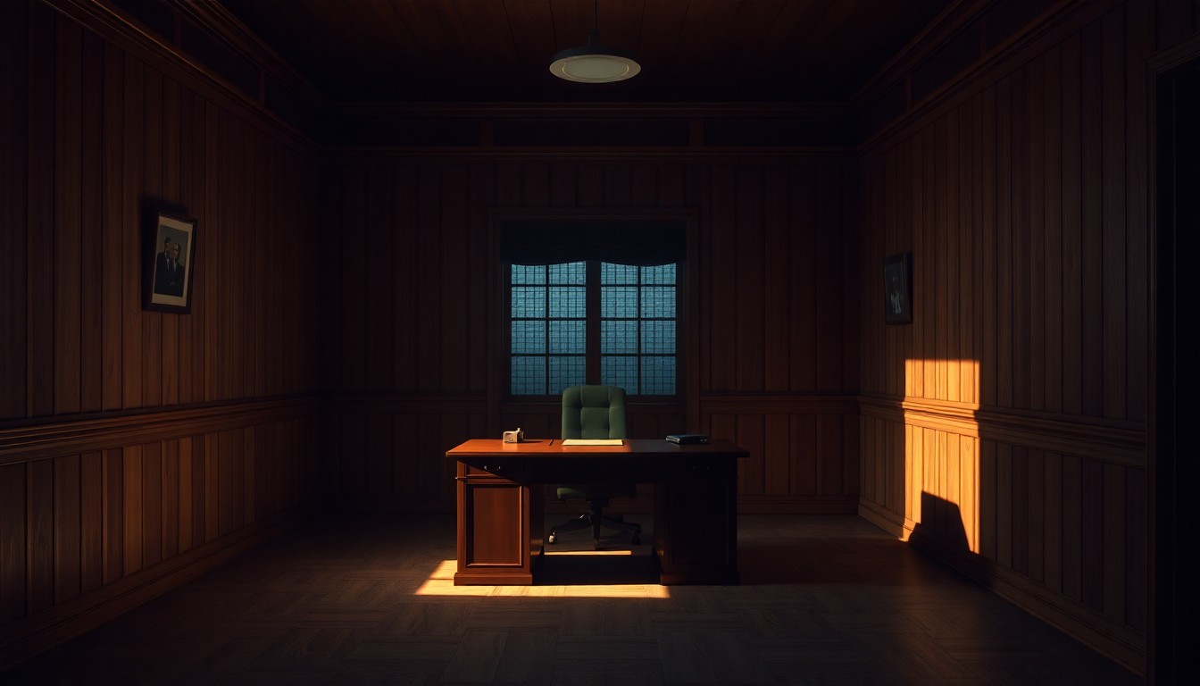 A dimly lit, wood-paneled government office with a solitary desk bathed in warm, diagonal sunlight and deep shadows, conveying a sense of quiet contemplation and the weight of legal responsibilities.