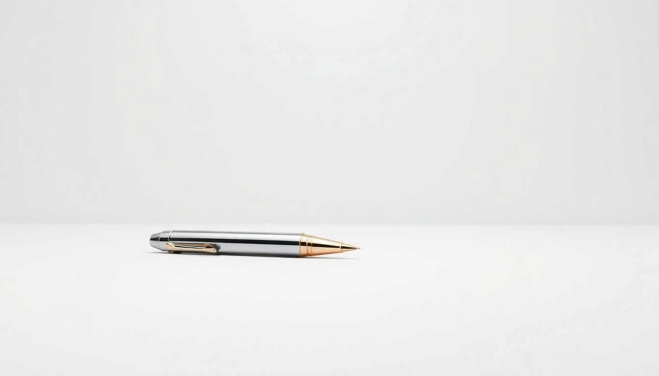 A photorealistic studio still life featuring a single elegant pen resting on a clean, monochromatic background, conveying the concept of thoughtful, deliberate decision-making.
