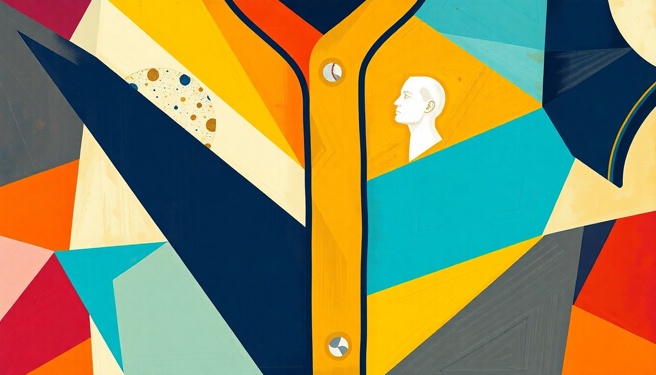 A cubist, geometric painting depicting the various design elements of the Padres' new City Connect 2.0 uniforms, including the La Catrina sleeve patch, the refreshed wordmark, and the bone-colored cap with a floral pattern, all rendered in a bold, fragmented style.