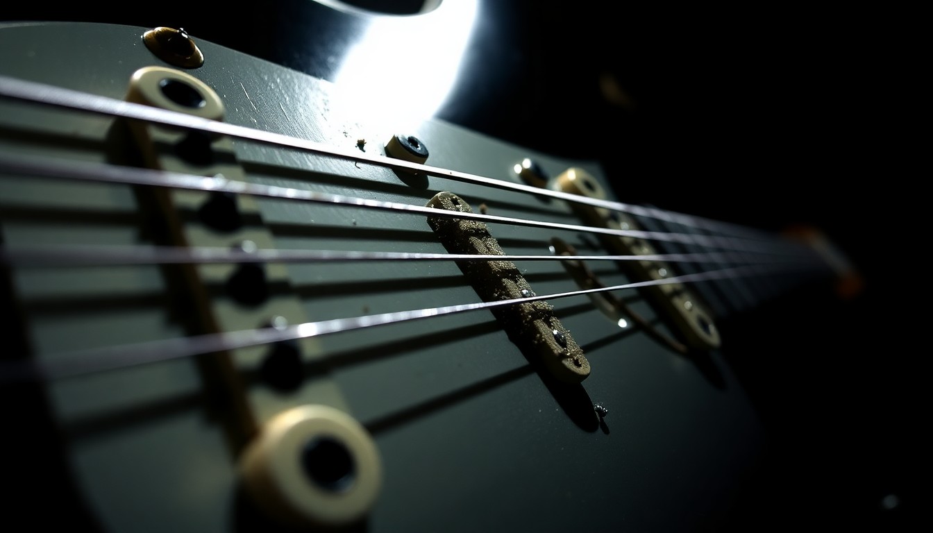 An extreme close-up photograph of the textured metal strings of an electric guitar, shot in dramatic high-contrast studio lighting to capture the gritty, energetic essence of a live rock performance.