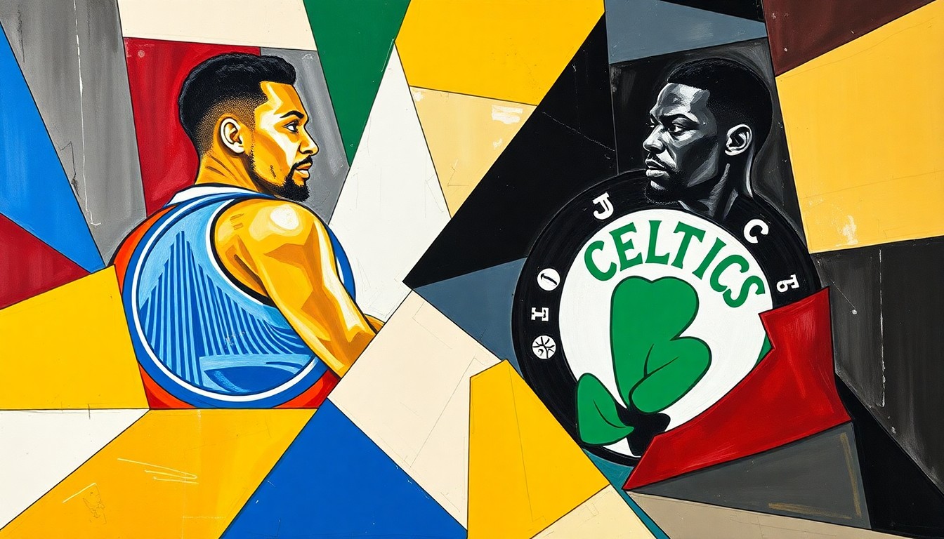 A fractured, multi-perspective painting in a cubist style, breaking down a basketball game into sharp, overlapping geometric planes and capturing the intensity of the competition.