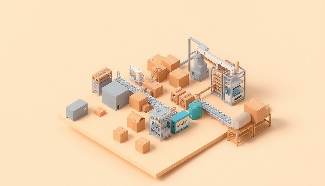 A stylized, isometric 3D illustration depicting a miniature, futuristic corrugated cardboard factory with various machines and equipment, representing the innovative cold corrugation process that the Monterey-based company is the first in the U.S. to adopt.