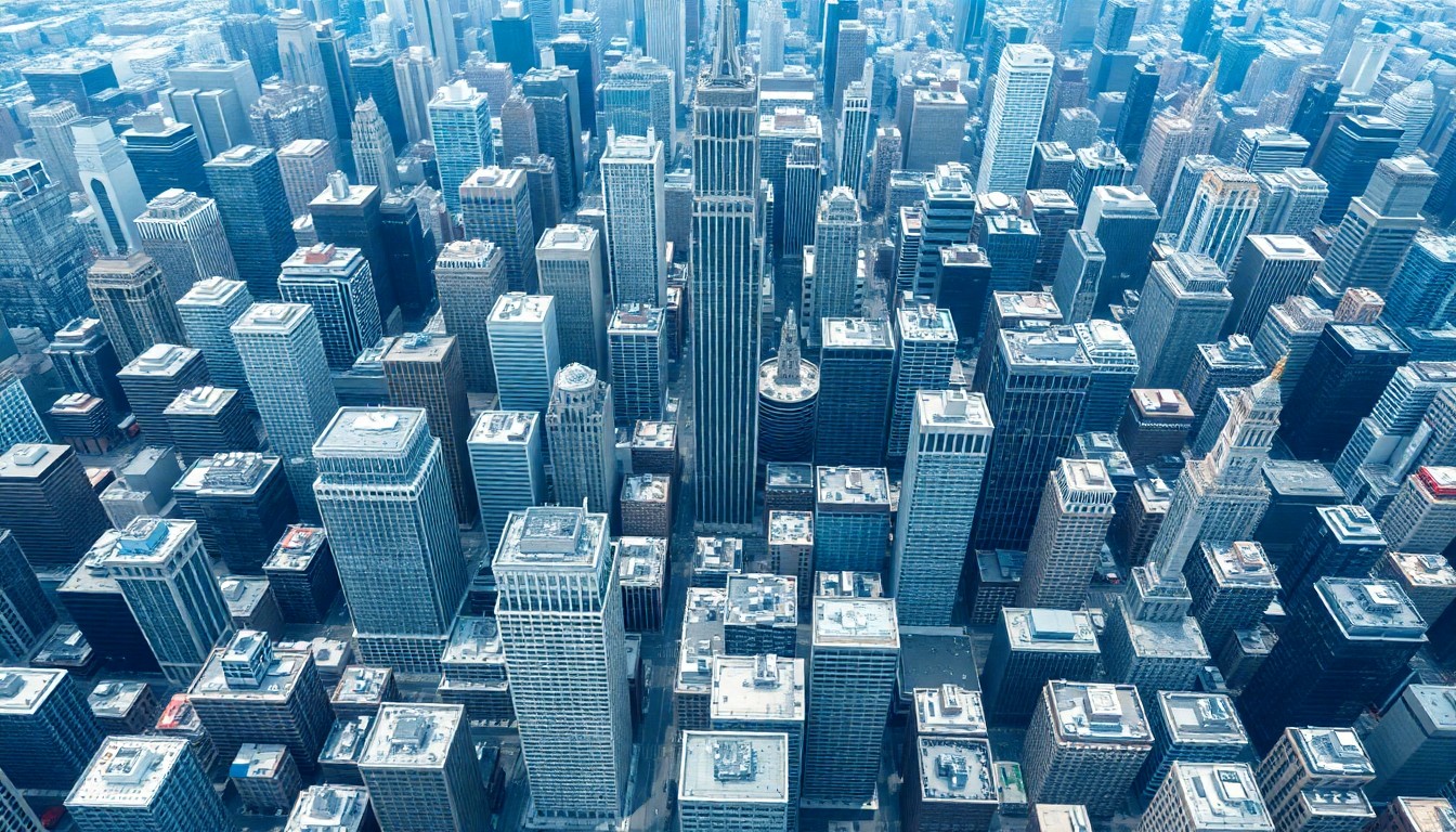 An extreme aerial view of a dense urban skyline, with rows of identical skyscrapers stretching out to the horizon, conveying the scale and complexity of the American economy.