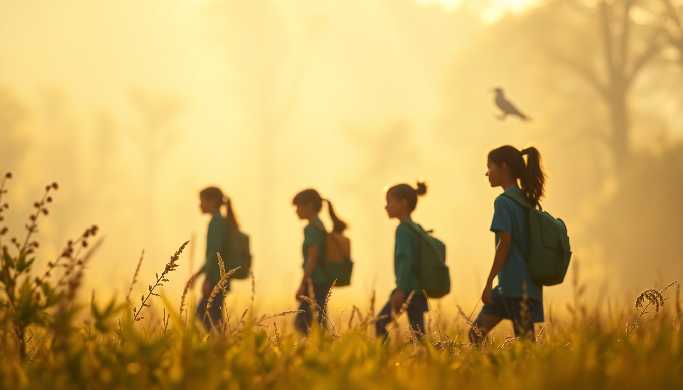 An abstract, out-of-focus photograph in soft, warm tones depicting the silhouettes of students exploring a natural setting, conveying a sense of wonder and discovery.