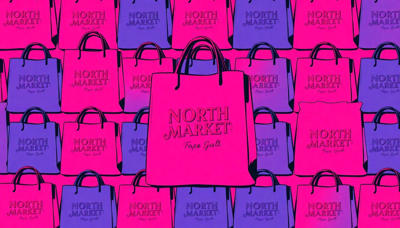 A brightly colored, high-contrast silkscreen print of a North Market shopping bag or iconic food item, repeated in a tight grid pattern in the style of Andy Warhol, conceptually representing the vibrant energy and community spirit of the market's 150th anniversary celebration.