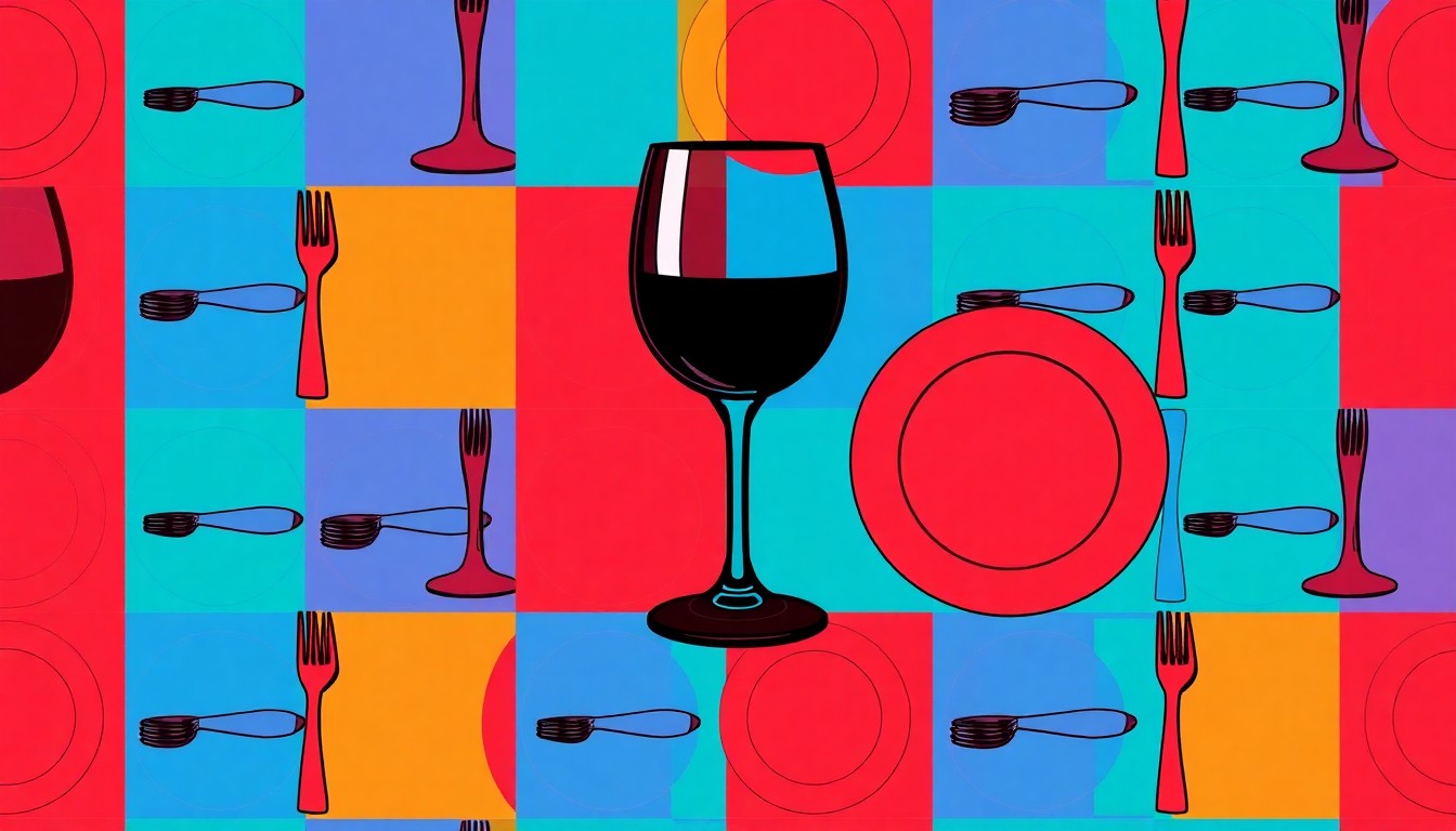 A bold, colorful silkscreen print featuring a repeating pattern of a wine glass in vibrant shades of red, orange, and blue, conceptually representing the upscale dining experience at the Maker Hotel's new Serre restaurant.