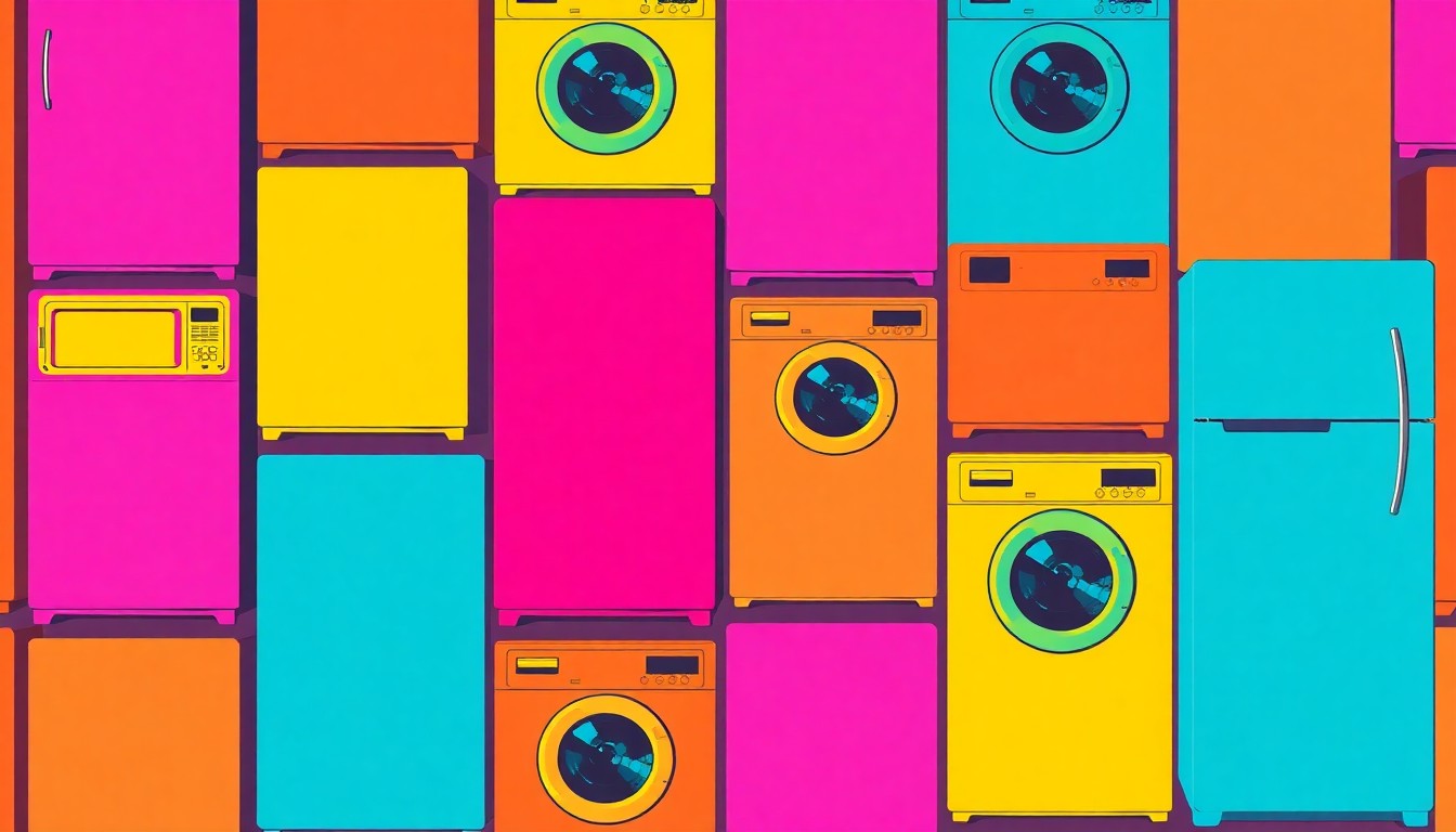 A brightly colored, high-contrast silkscreen print of a single, iconic household appliance like a refrigerator or oven, repeated in a tight grid pattern with flat, unnatural neon colors and heavy black outlines, conceptually representing the benefits of premium home appliances.