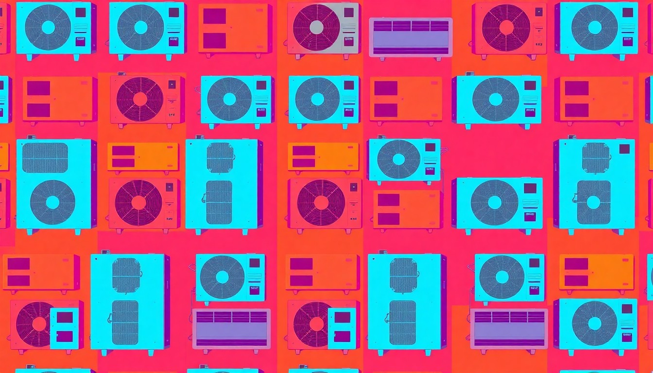 A brightly colored, high-contrast silkscreen print of an air conditioning unit repeated in a tight grid pattern, utilizing flat, vibrant, neon color palettes overlapping with heavy black photographic outlines to turn an everyday HVAC appliance into modern pop art.
