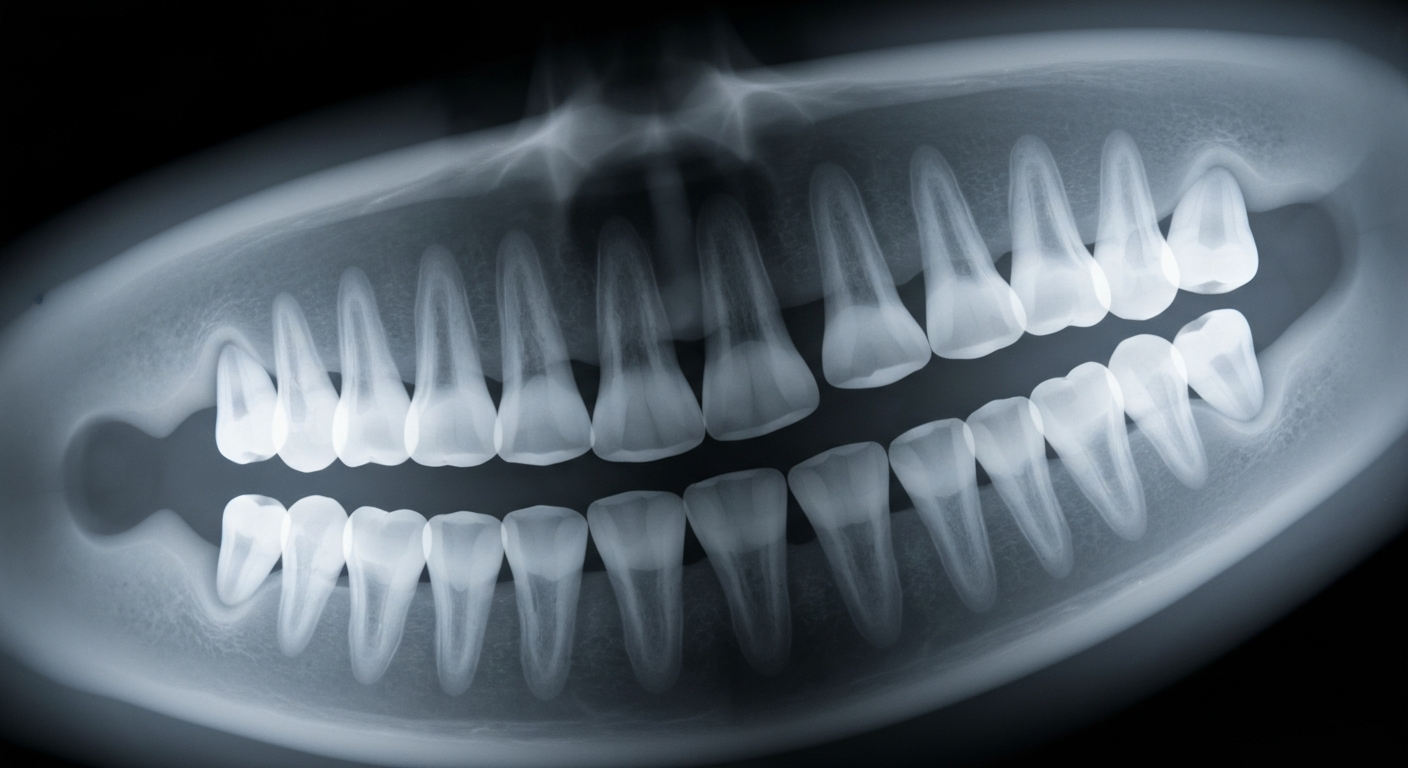 An extreme macro, translucent X-ray photograph revealing the internal structure of human teeth as glowing, ghostly lines against a dark background, conceptually representing the health benefits of professional teeth whitening.