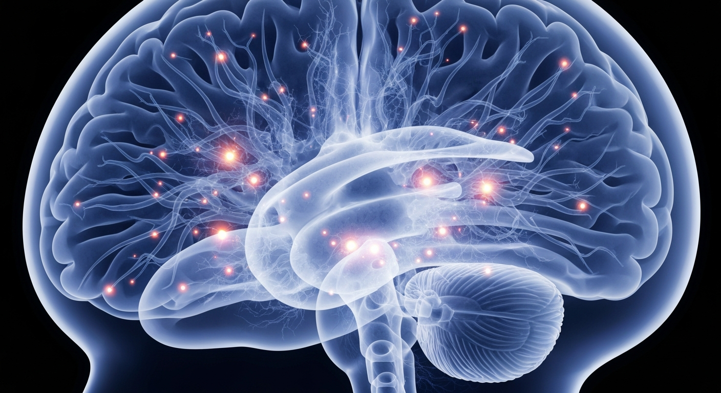 A highly detailed, translucent X-ray image of a human brain, with glowing neural pathways and structures, conceptually representing the complex relationship between mental health and substance use disorders.