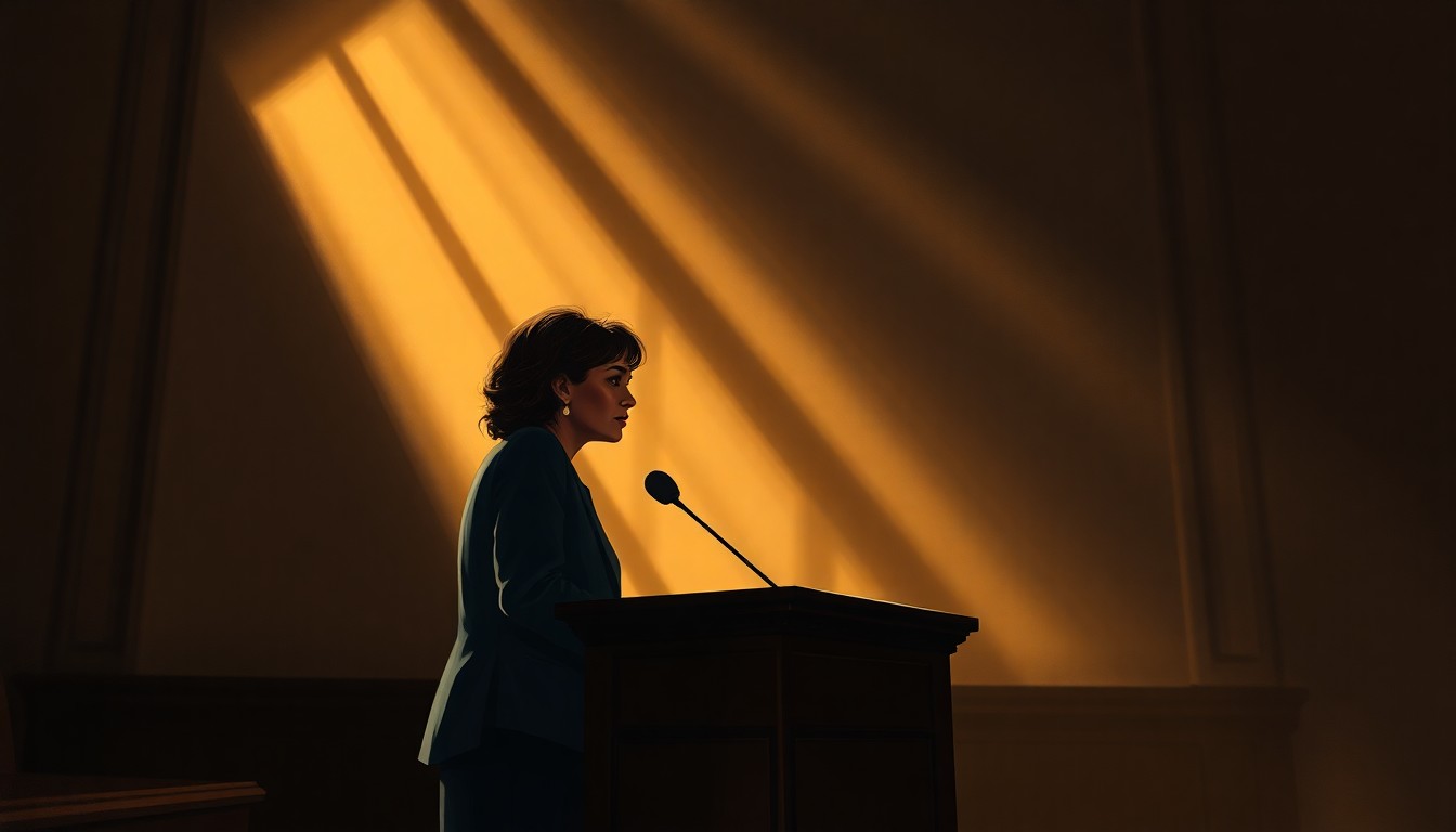 A serene, cinematic painting depicting Joseline Peña-Melnyk, the first Afro-Latina House Speaker of Maryland, standing at the lectern in the State House, her figure illuminated by warm, angled sunlight and surrounded by deep shadows, conveying a sense of quiet power and resilience.