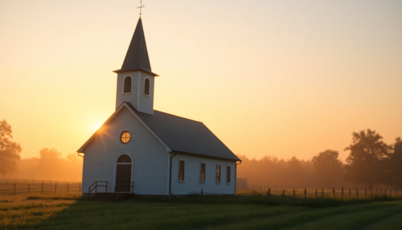 An extremely abstracted, out-of-focus photograph of a small rural church, with the steeple and windows glowing in warm, soft pools of light, conceptually representing the quiet passing of a community member.