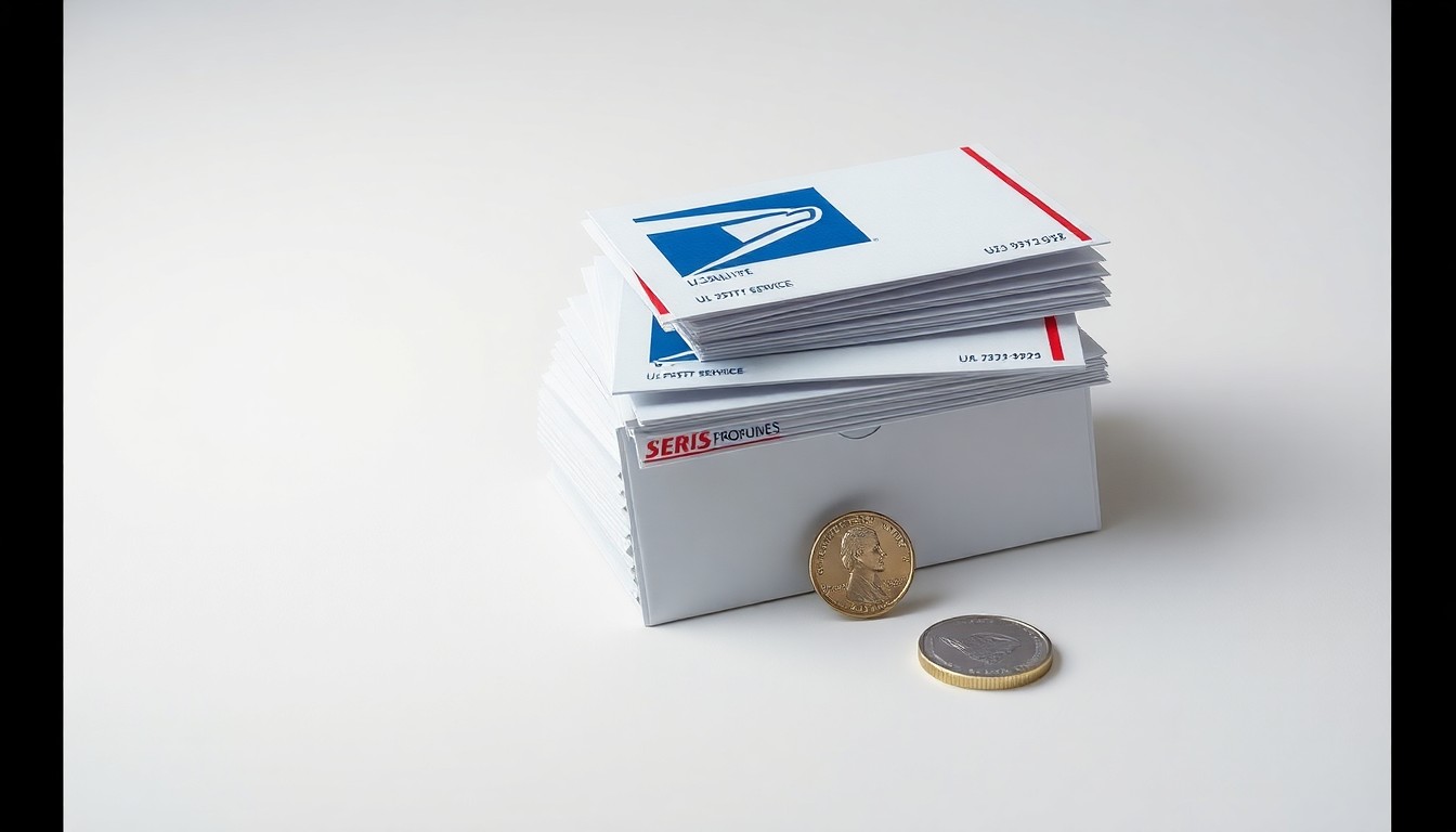 A photorealistic studio still life featuring a stack of U.S. Postal Service envelopes and a single silver coin on a clean, monochromatic background, conceptually representing the financial challenges facing the USPS.