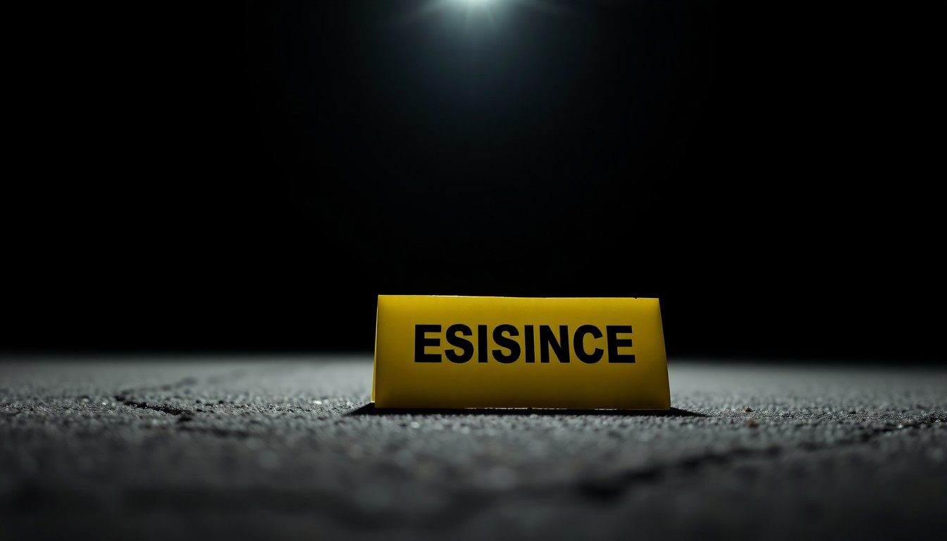 An extreme close-up photograph of a police evidence marker on the ground, conveying a stark, gritty, investigative aesthetic through the use of harsh, direct flash lighting against a dark background.
