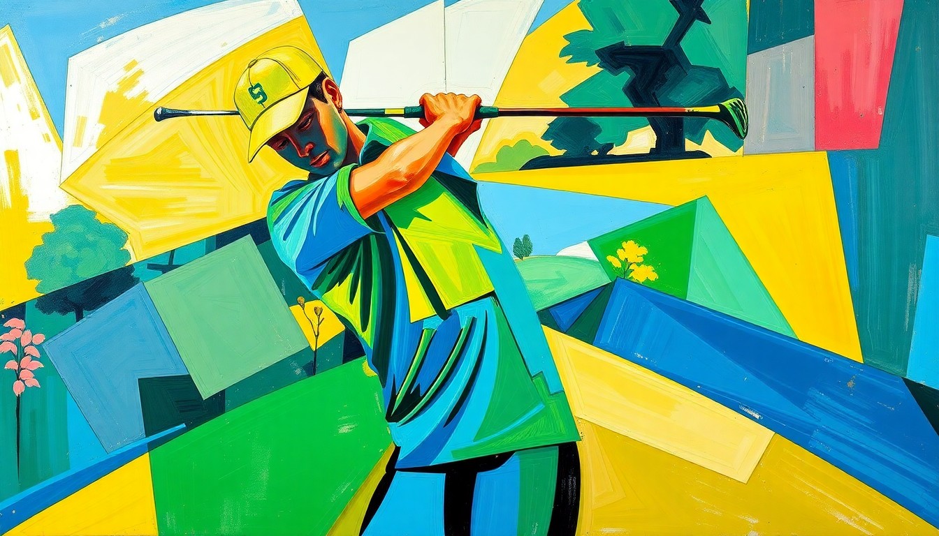 A fractured, cubist-style painting depicting the motion of a golf swing, with sharp geometric shapes and vibrant colors representing the dynamic energy of the sport.