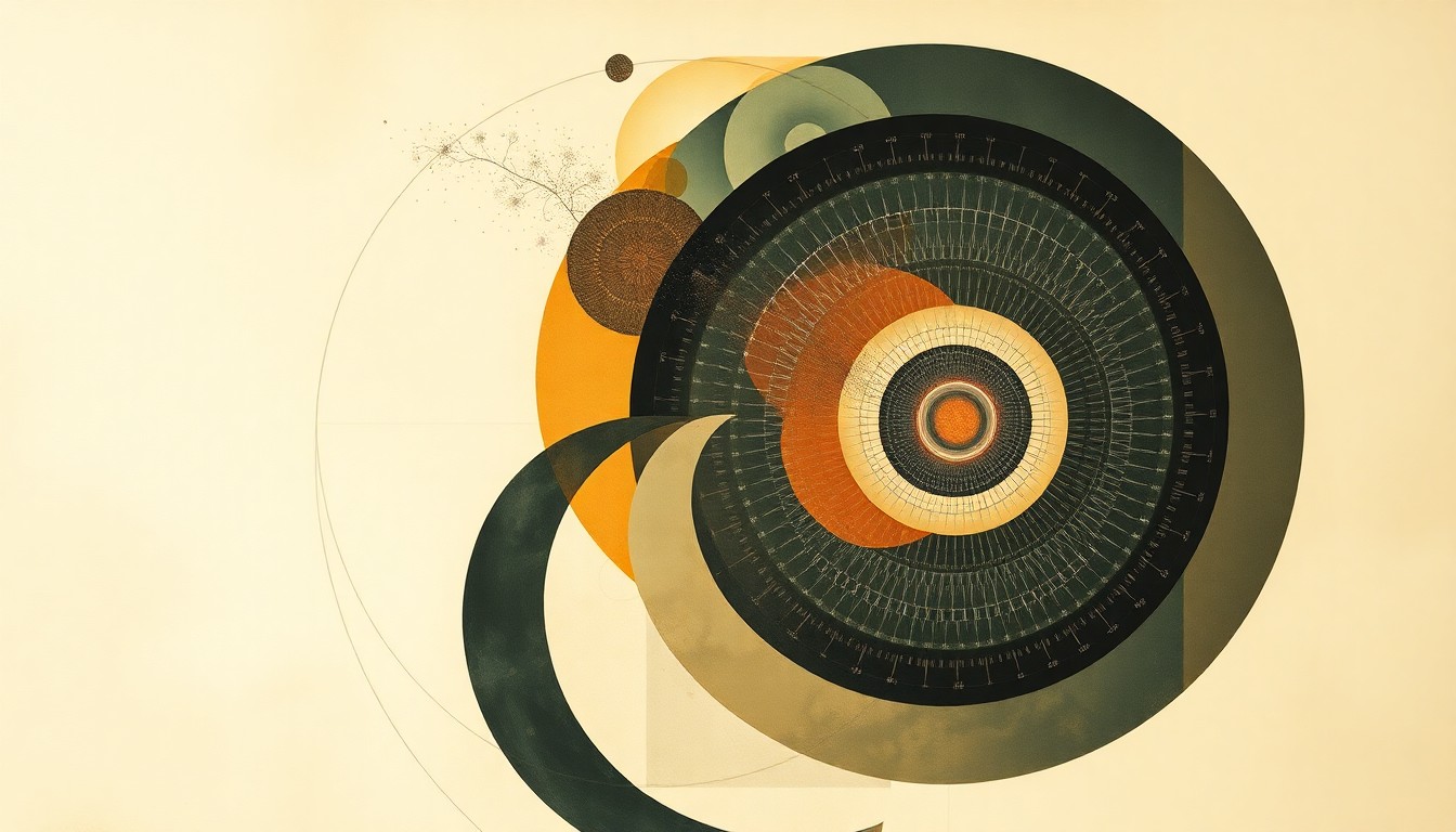 A highly structured abstract painting in soft, earthy tones featuring sweeping geometric arcs, concentric circles, and precise botanical or anatomical spirals, conveying the complex interplay of factors that will shape the future of extending the human lifespan.