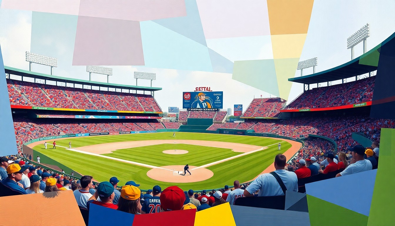 A fragmented, geometric painting depicting the dynamic action and energy of a college baseball game, with sharp planes of color and overlapping perspectives capturing the competitive spirit of the two teams.