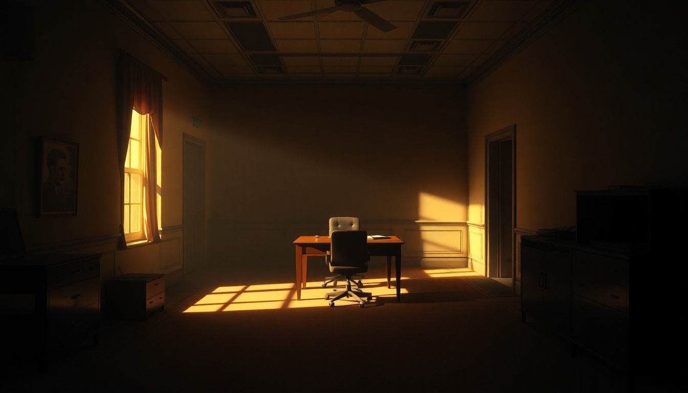 A dimly lit, cinematic government office interior with a lone desk and chair, bathed in warm, diagonal sunlight and deep shadows, conveying a sense of political tension and unease.