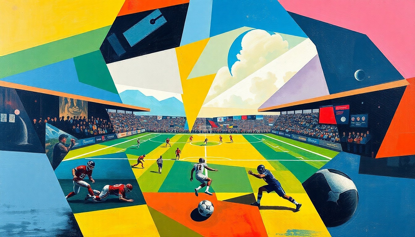 A fractured, geometric painting featuring sharp, overlapping planes of color that abstractly represent the action and movement of a football game.