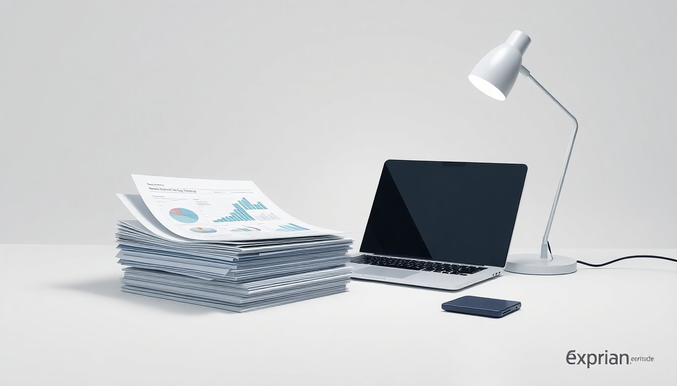 A minimalist, high-end studio still life photograph featuring a stack of glossy financial reports, a sleek laptop, and a modern desk lamp on a clean, monochromatic background, conceptually representing the data-driven insights and analytical tools that power Experian's award-winning retail banking solutions.