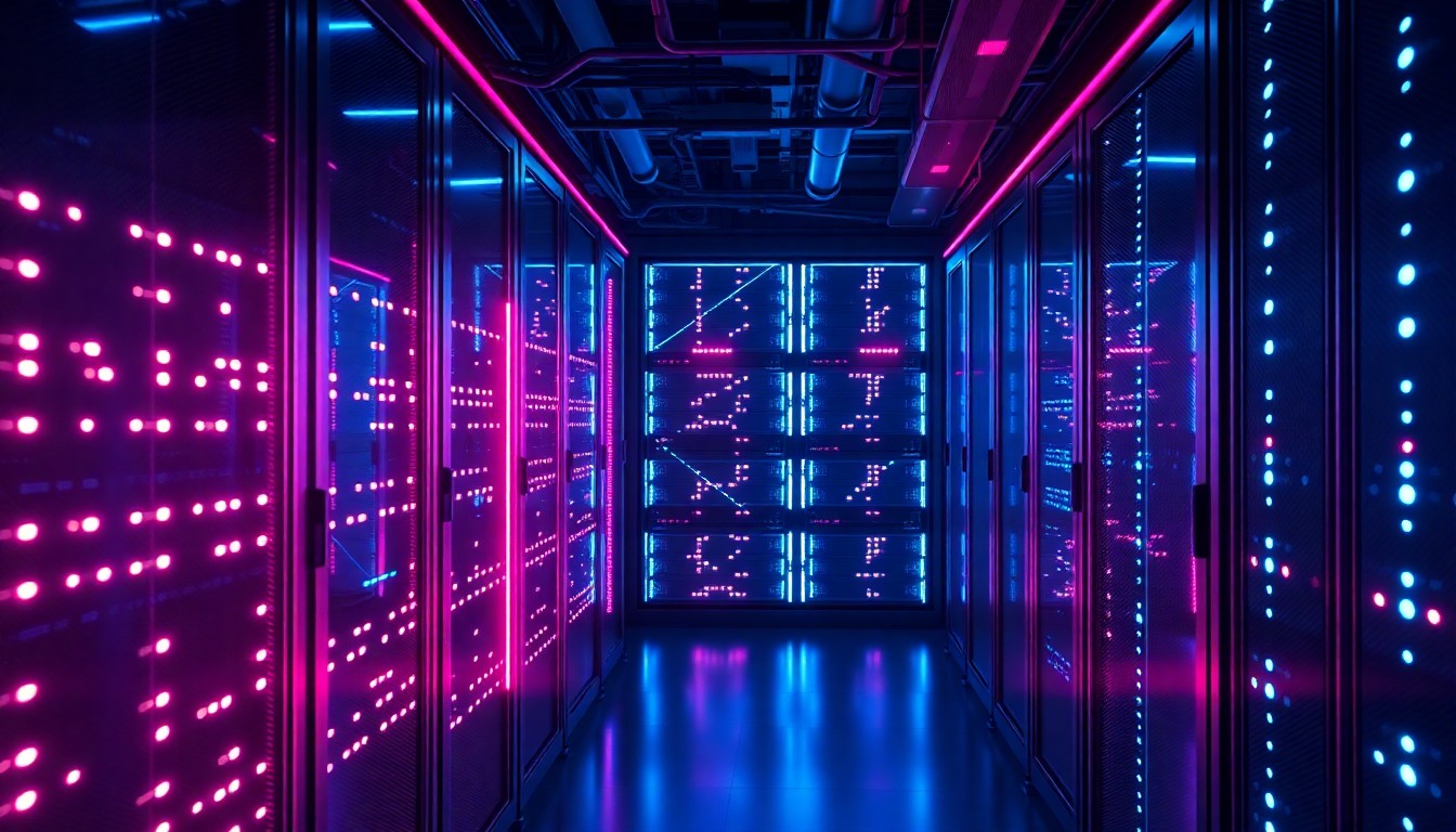 A highly detailed 3D illustration of a glowing, futuristic AI server rack with pulsing neon blue and magenta lights, conceptually representing the infrastructure powering enterprise AI services.