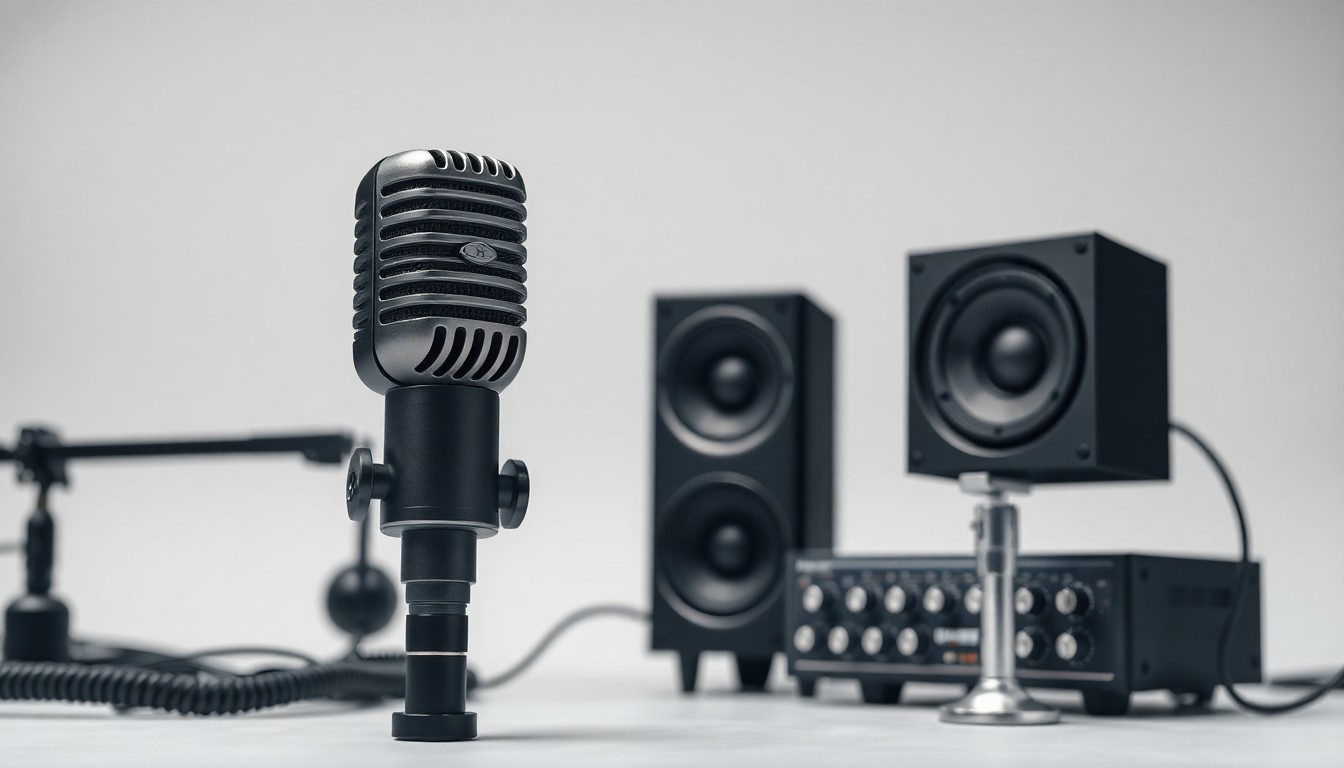 A photorealistic studio still life featuring a sleek, modern microphone and audio equipment in muted tones, conceptually representing the business of the music industry.