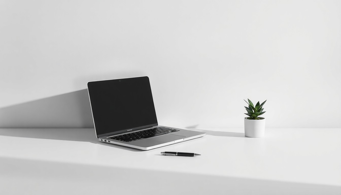 A minimalist, high-end studio still life photograph featuring a sleek, modern desk setup with a laptop, pen, and a small potted plant arranged elegantly on a clean, monochromatic background, conceptually representing the abstract ideas of financial technology, innovation, and workplace culture.
