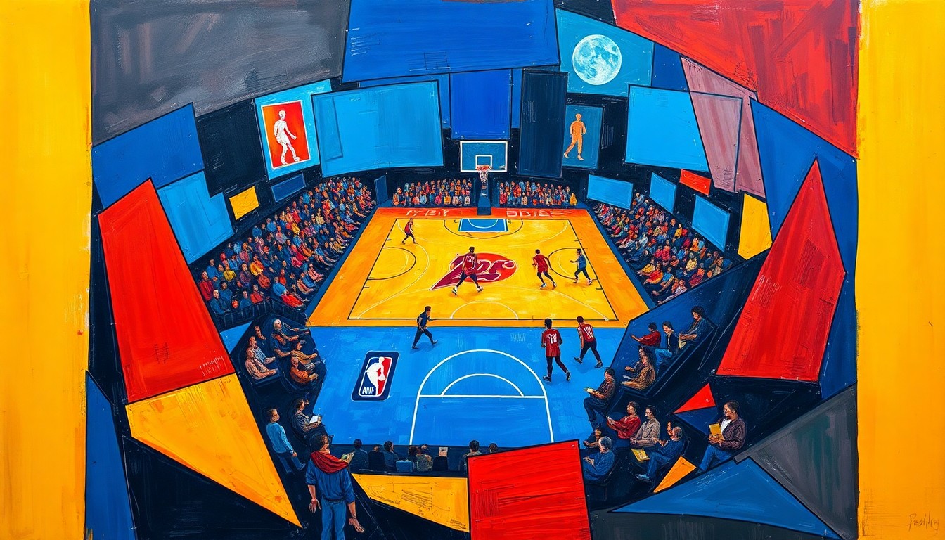 A fractured, geometric painting in bold colors depicting the action and movement of a basketball game, conveying the raw energy and excitement of the sport.