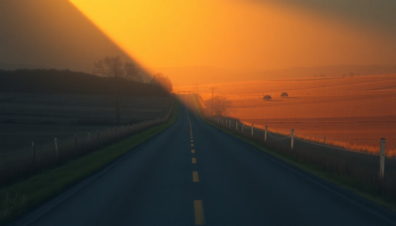 A serene, painterly landscape depicting an empty country road winding through rolling hills, with warm sunlight casting long shadows across the pavement, conceptually representing the rural infrastructure project.
