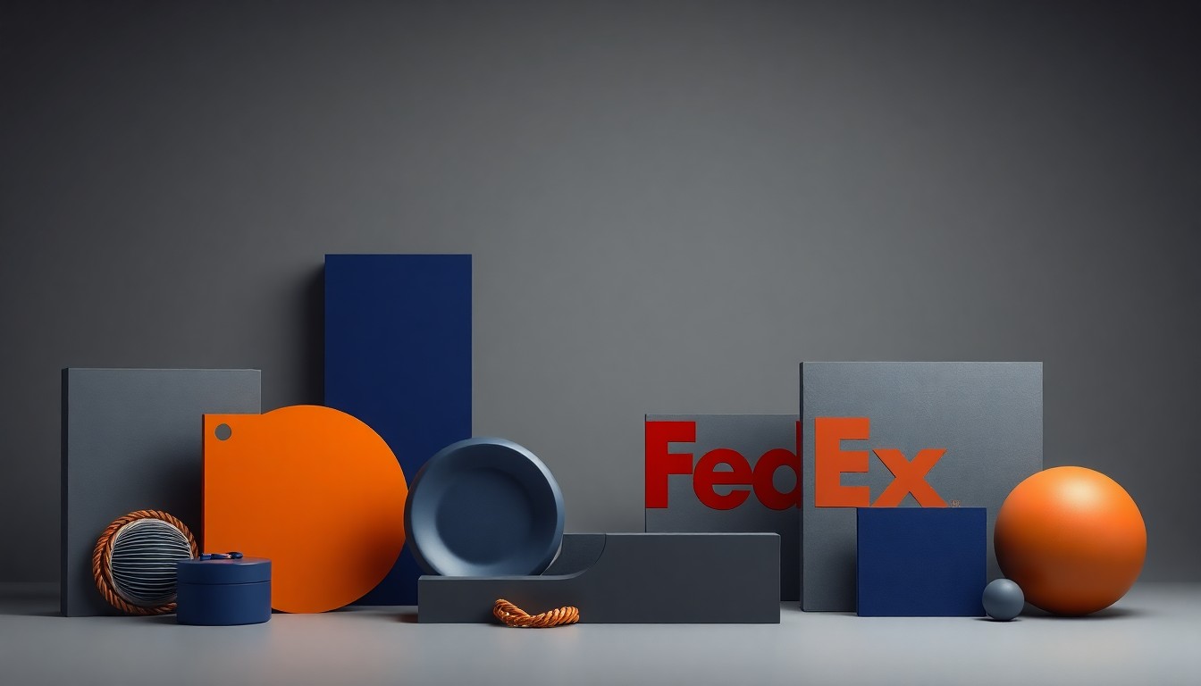 A minimalist, photorealistic studio still life featuring a carefully arranged set of geometric objects in muted corporate colors, conceptually representing the sponsorship agreement between Memphis athletics and FedEx.