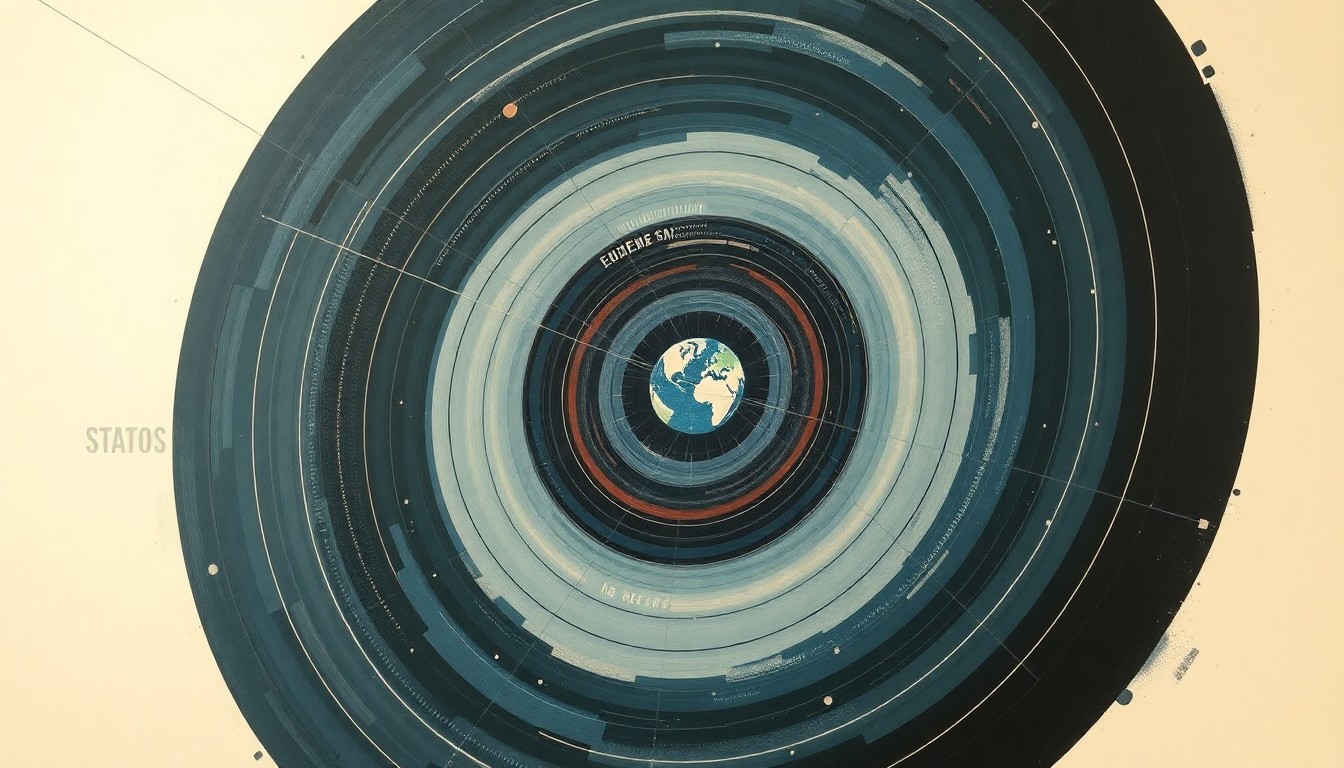 A highly structured abstract painting in soft colors, featuring sweeping geometric arcs, concentric circles, and precise orbital spirals, conceptually representing the complex forces and trajectories involved in the Artemis II mission's return to Earth.