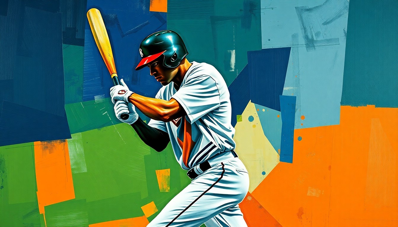 A fractured, cubist-style painting depicting the geometric shapes and planes of a baseball player's batting stance and swing, rendered in a bold color palette of navy, green, and orange to capture the dynamic energy of the sport.