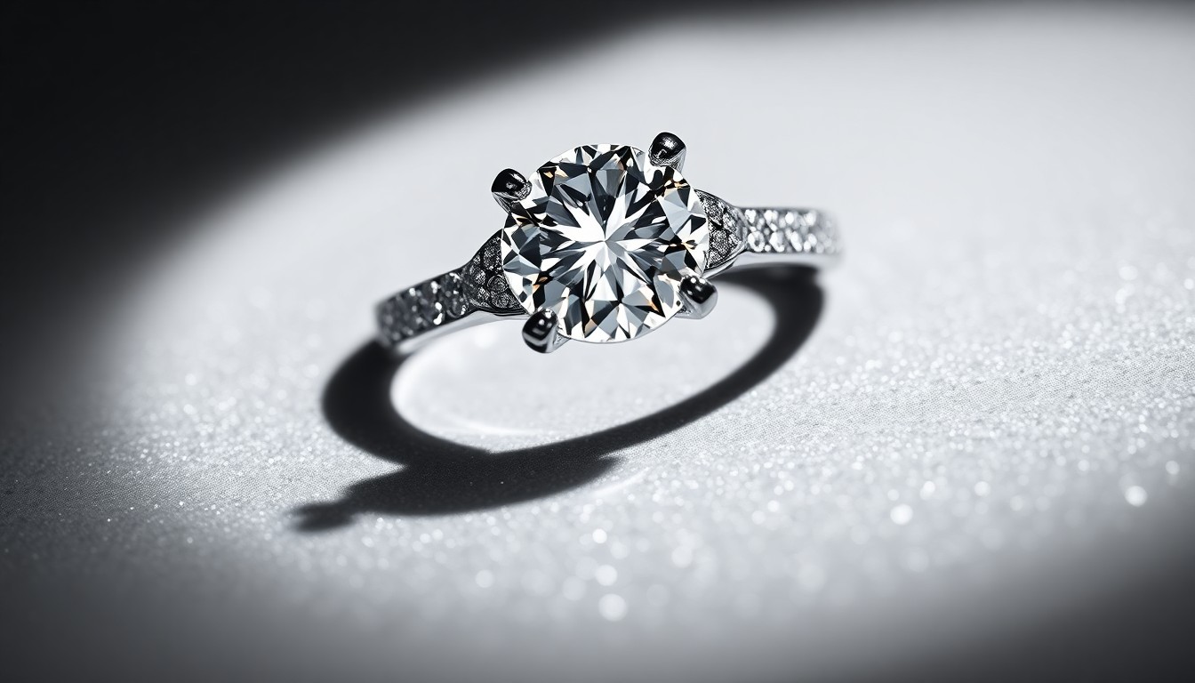 An extreme close-up of a luxurious, glittering diamond engagement ring, captured in dramatic, high-contrast studio lighting to create a glamorous, high-fashion aesthetic.