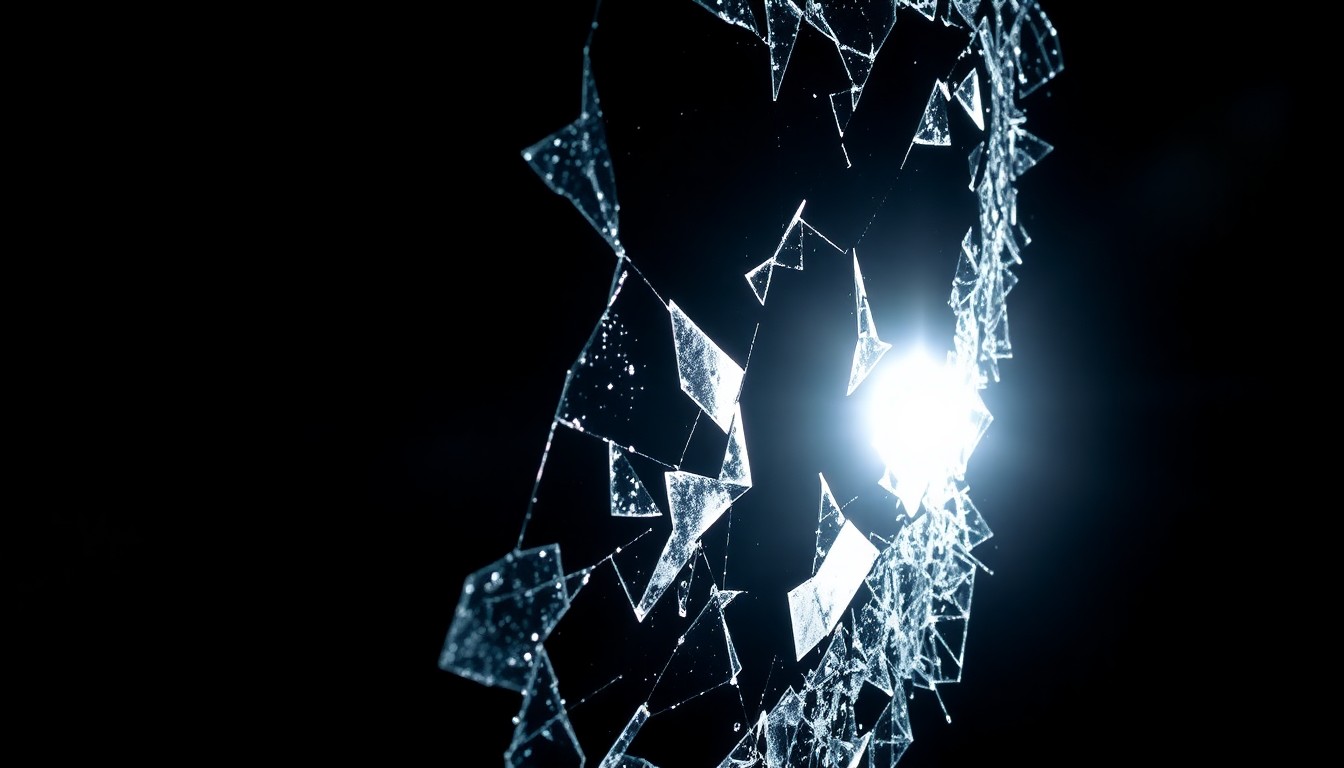 An extreme close-up of a shattered car window frame, reflecting a faint glow of light, conceptually illustrating the aftermath of a fatal traffic accident.