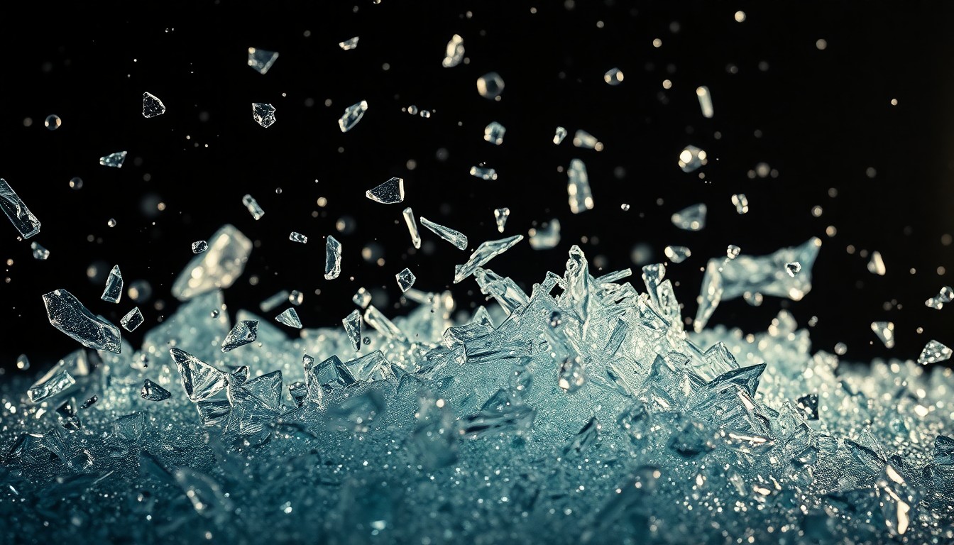 An extreme close-up of shattered glass and glittering shards in dramatic, high-contrast studio lighting, conceptually representing the grand scale and technical ambition of a new historical film.