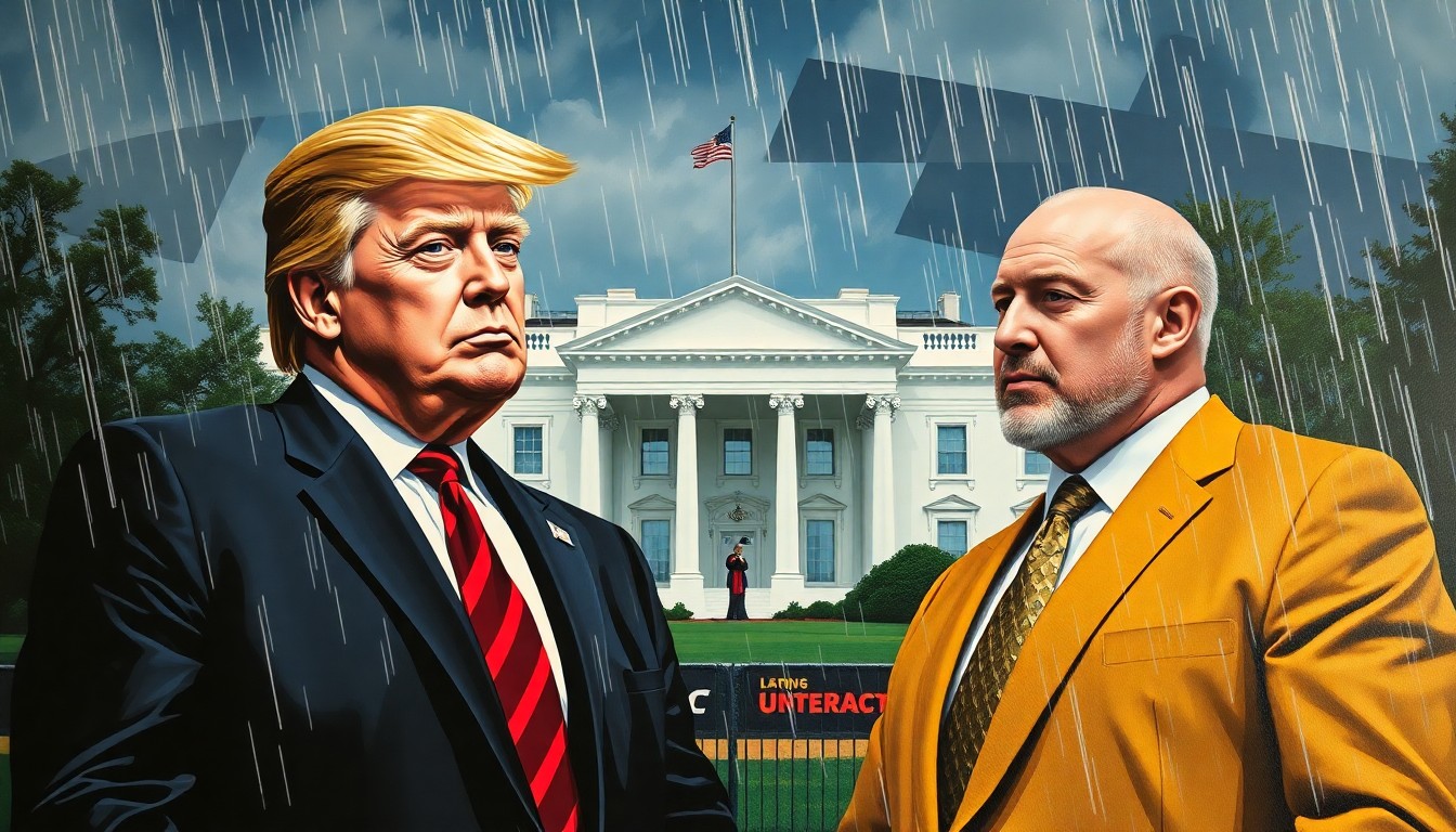 An abstract, fractured painting in shades of red, blue, and yellow depicting the overlapping, geometric figures of Donald Trump and Dana White standing in front of a UFC Octagon, with the White House in the background being pounded by rain and thunder, conceptually representing the president's focus on personal interests amid global conflicts.