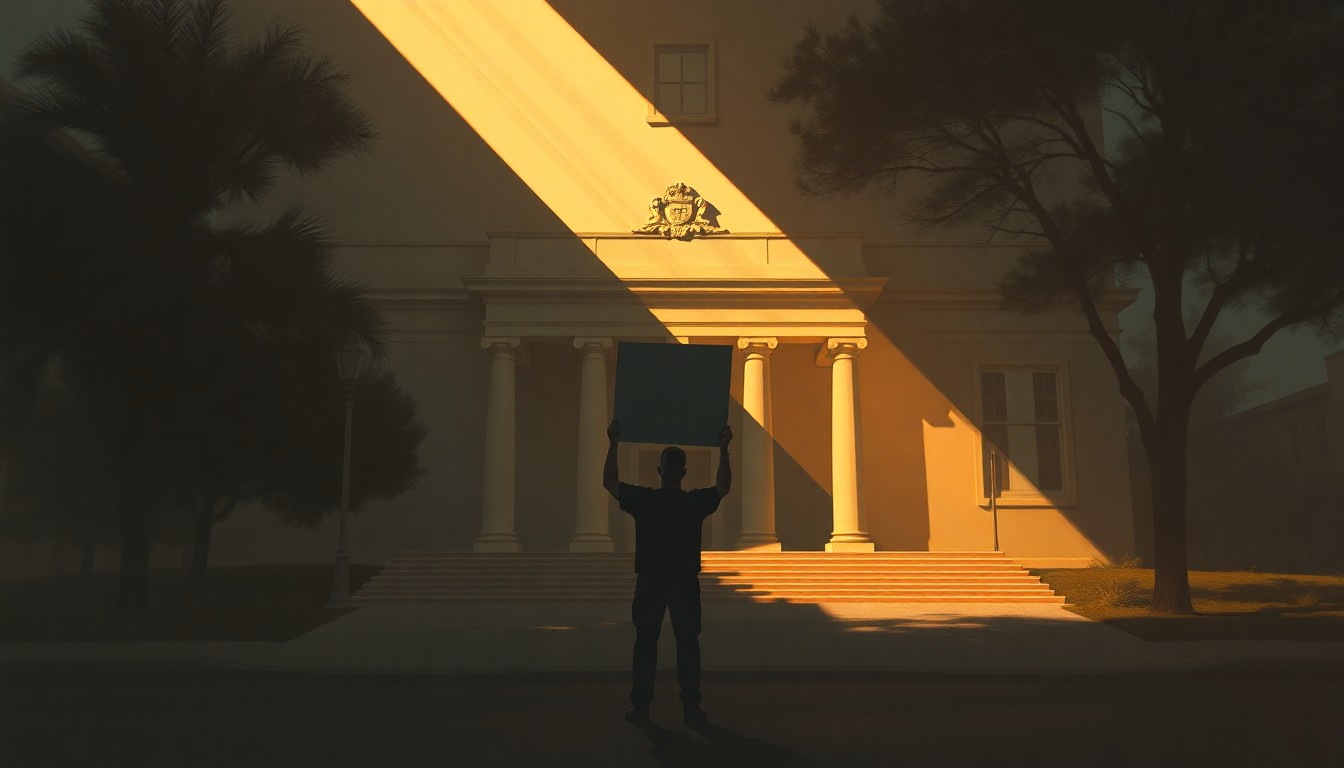 A cinematic painting depicting a single protester holding a sign in front of a government building, the scene bathed in warm sunlight and deep shadows, conveying a sense of quiet contemplation and civic engagement.