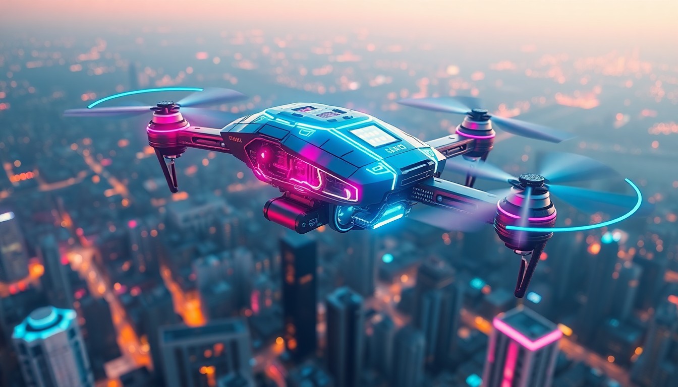 A highly detailed 3D illustration of a glowing, futuristic drone hovering above a cityscape, with neon cyan and magenta lights illuminating the aircraft's intricate mechanical components.