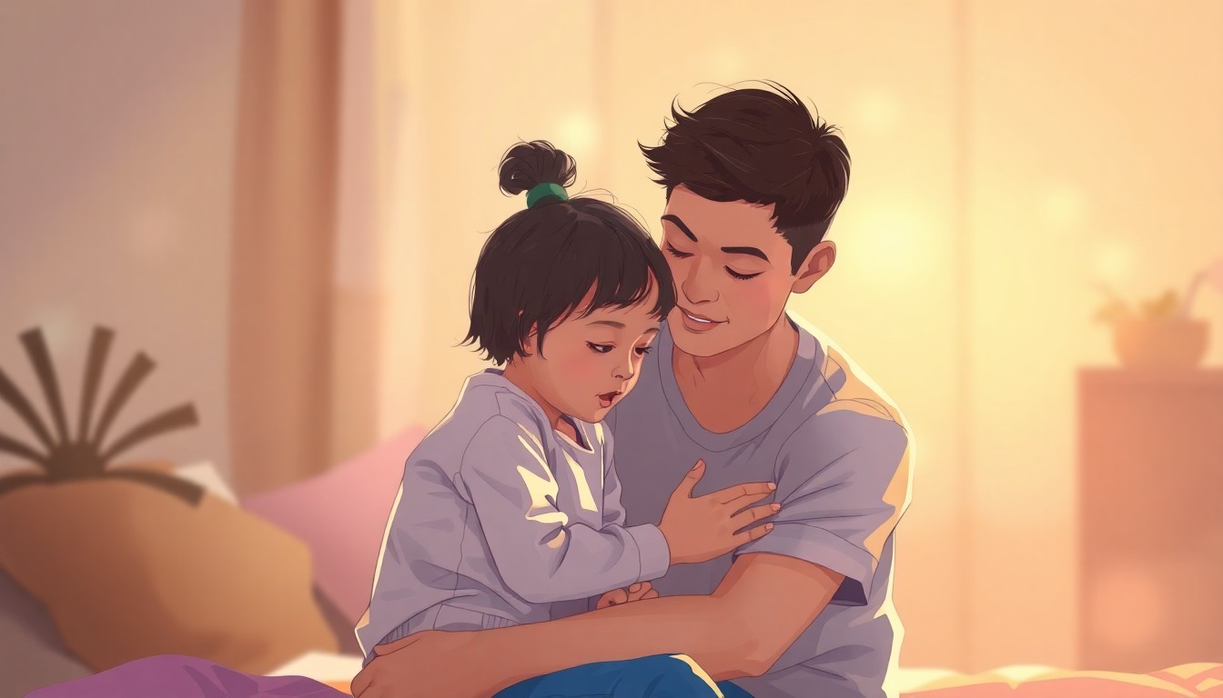 An extremely abstracted, out-of-focus photograph shot through condensation or rain-streaked glass, composed of soft pools of warm color and light, depicting a parent and child sharing a quiet moment together.