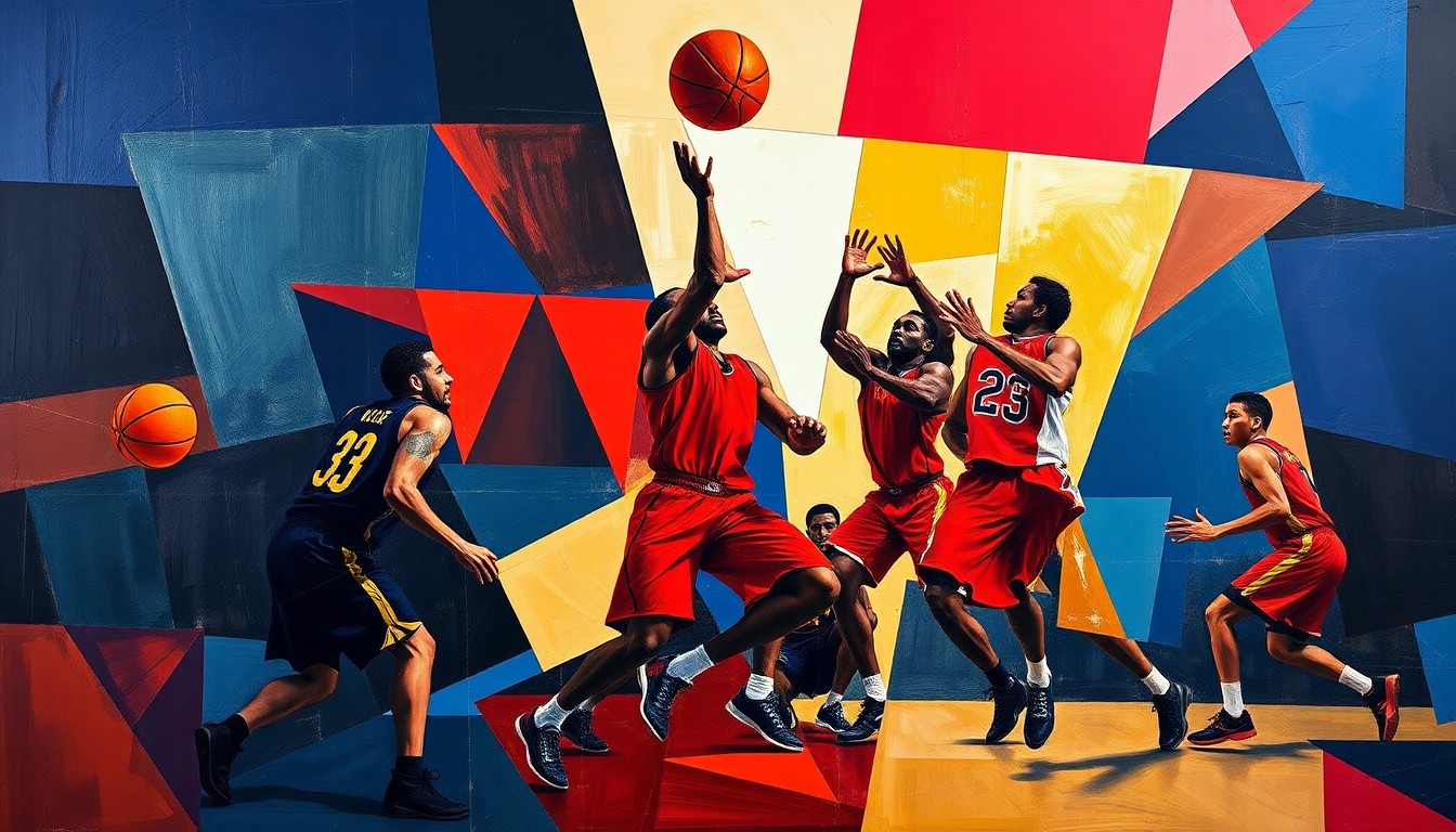 A fractured, abstract painting depicting a basketball game or match, with the players' forms broken down into sharp, overlapping geometric shapes in a vibrant color palette, conceptually representing the Thunder's sustained excellence and dominance.