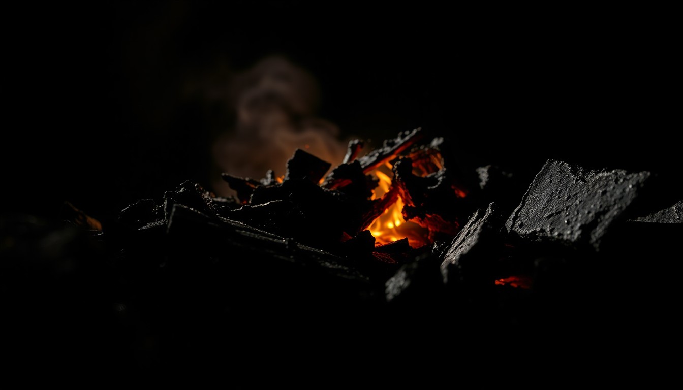 An extreme close-up of charred debris from the Market Street fire, capturing the stark, gritty aftermath of the blaze through dramatic lighting and texture.
