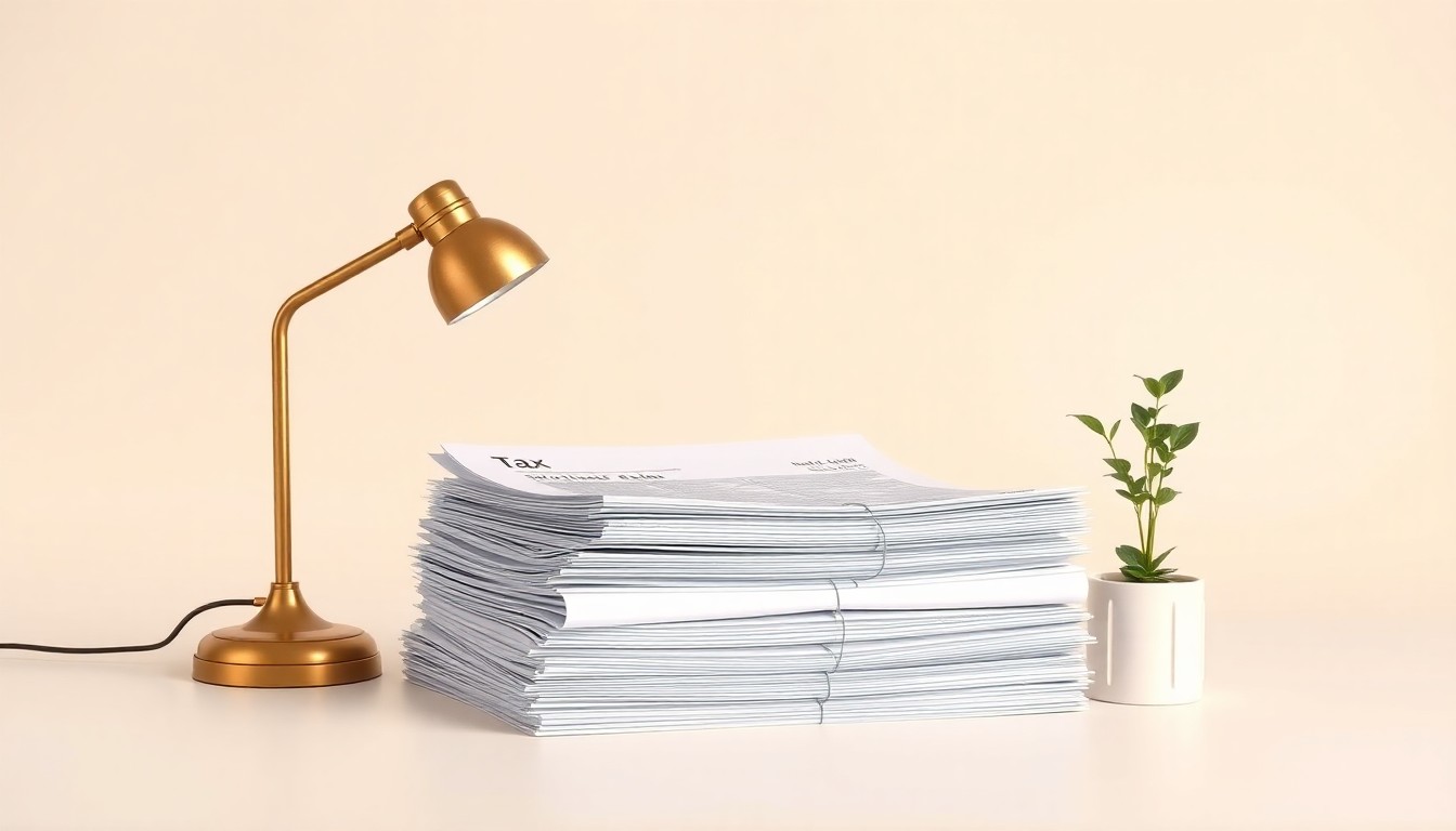 A photorealistic studio still life featuring a stack of financial documents, a brass desk lamp, and a small potted plant, conceptually representing the tax relief and economic recovery efforts for Portland's small businesses.