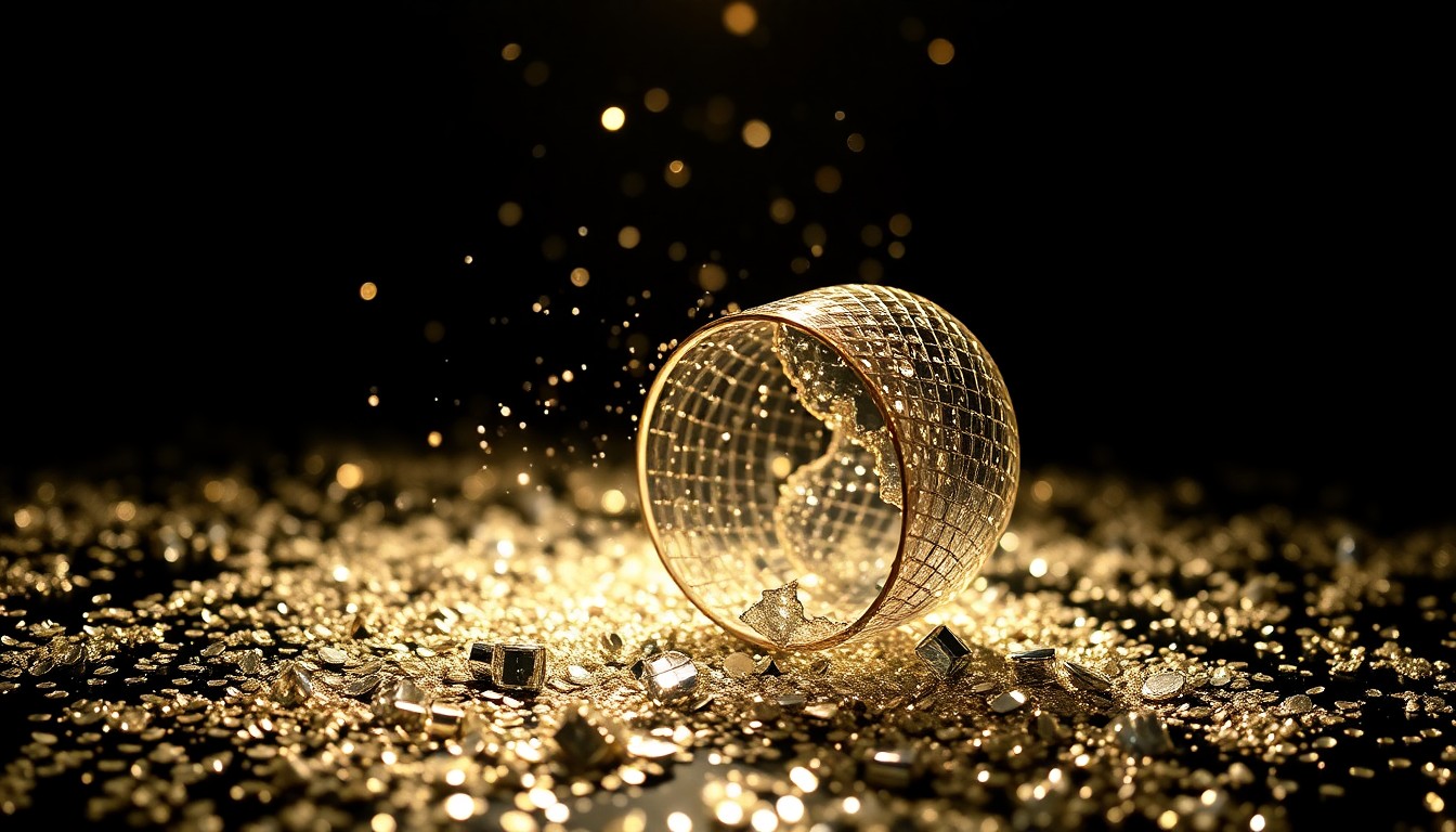 An abstract close-up image of shimmering sequins and shattered glass, capturing the glamorous and high-energy spirit of the final season of the comedy series Hacks.