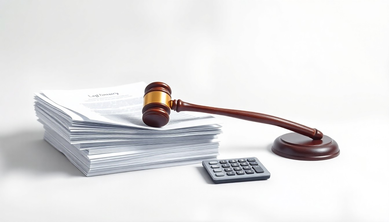 A photorealistic studio still life featuring a stack of legal documents, a gavel, and a calculator arranged on a clean, monochromatic background, symbolizing the abstract corporate strategy, finance, and risk involved in shareholder class action lawsuits.