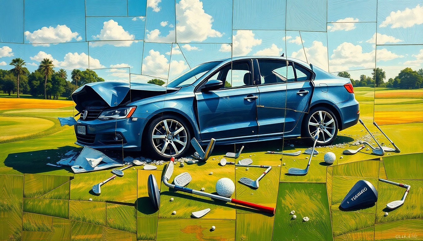 A fragmented, geometric painting depicting a crashed car, shattered glass, and scattered golf clubs on a golf course, conceptually representing the difficulties Tiger Woods faces in safely operating a vehicle while managing his medical issues.